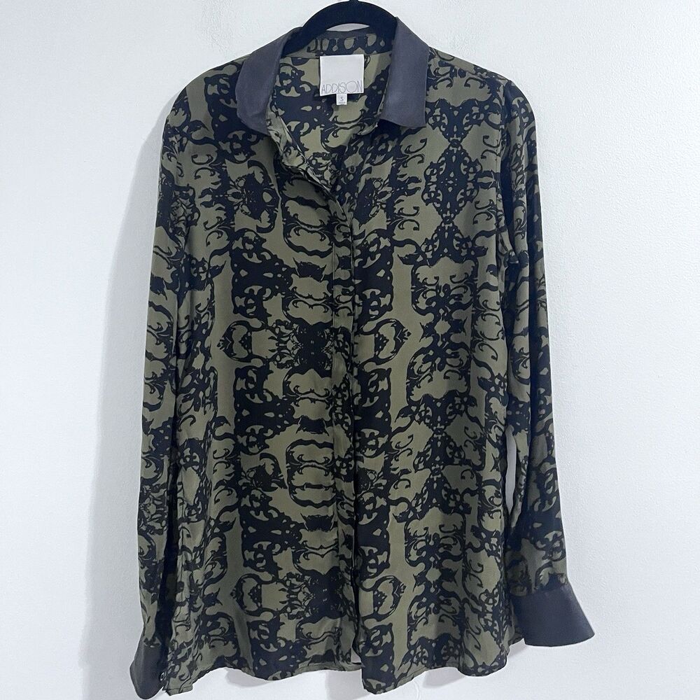 Addison Silk Button Up Shirt Size S Green Black Demask Bold Artsy Shirt Retro